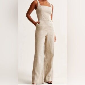 Abercrombie & Fitch Wide-Leg Linen Jumpsuit in Natural